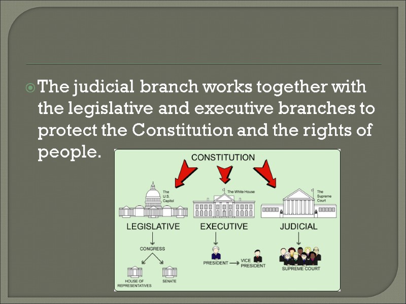 The judicial branch works together with the legislative and executive branches to protect the